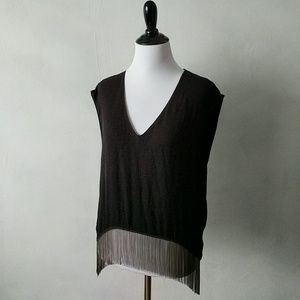 Black v neck fringe top